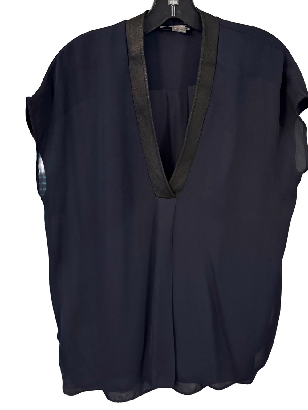 Vince Women’s Navy Silk V-Neck Top W/ Black Leather Trim Sz M EUC